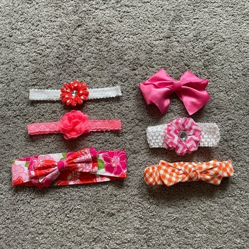 Set Of 6 Assorted Neon Pink Orange Pattern Girls Infant Toddler Headbands